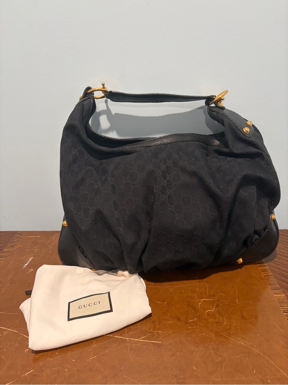 Gucci Jockey Black Hobo Bag with Gold Accents